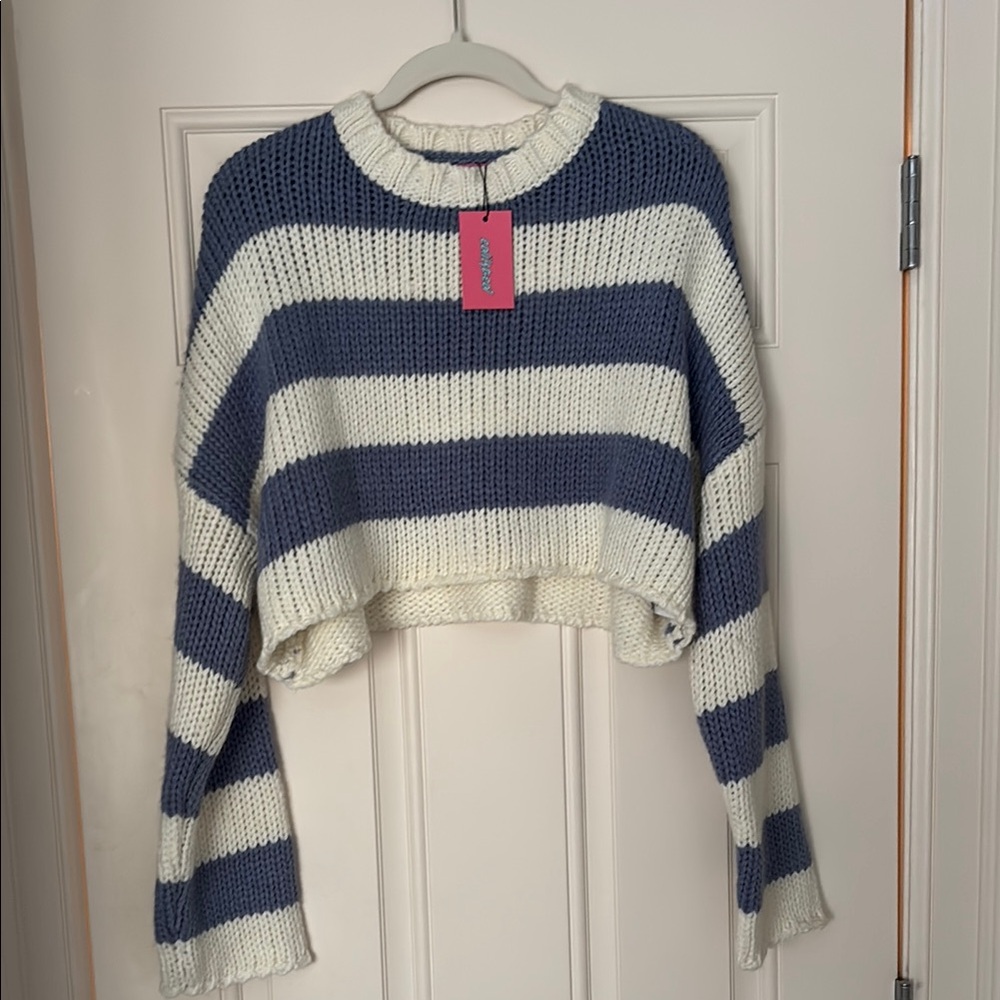 Edikted Navy and Cream Striped Cropped Sweater